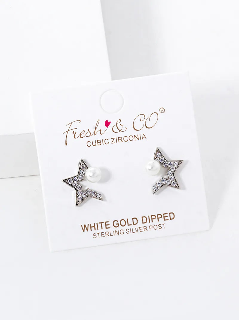 18K-Gold-Dipped CZ Pave Star With Pearl Stud Earrings