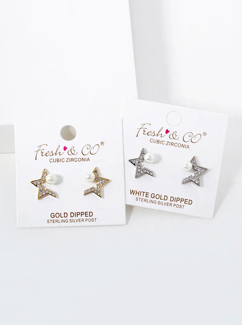 18K-Gold-Dipped CZ Pave Star With Pearl Stud Earrings