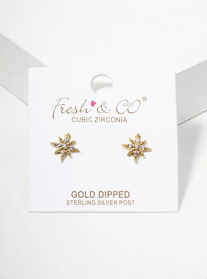 18K Gold Dipped CZ Pave Starburst Post Stud Earrings