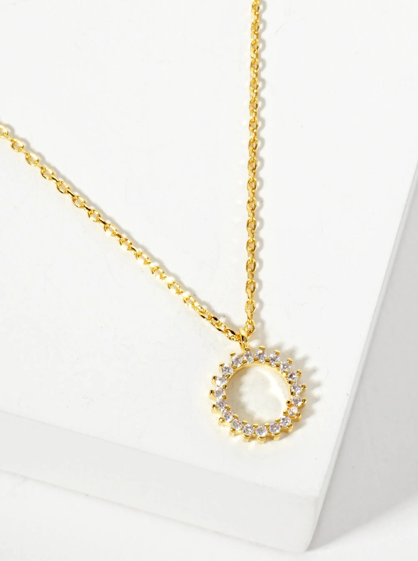 18K-Gold-Dipped CZ Pave Sun-Like Circle Pendant Necklace