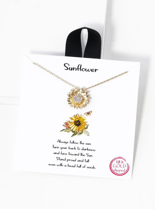 18K Gold Dipped CZ Pave Sunflower Pendant Necklace