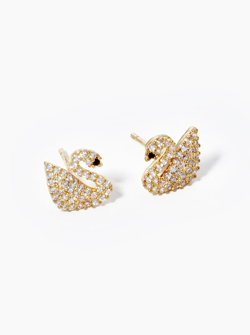 18K-Gold-Dipped CZ Pave Swan Stud Earrings
