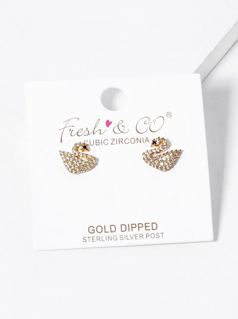18K-Gold-Dipped CZ Pave Swan Stud Earrings