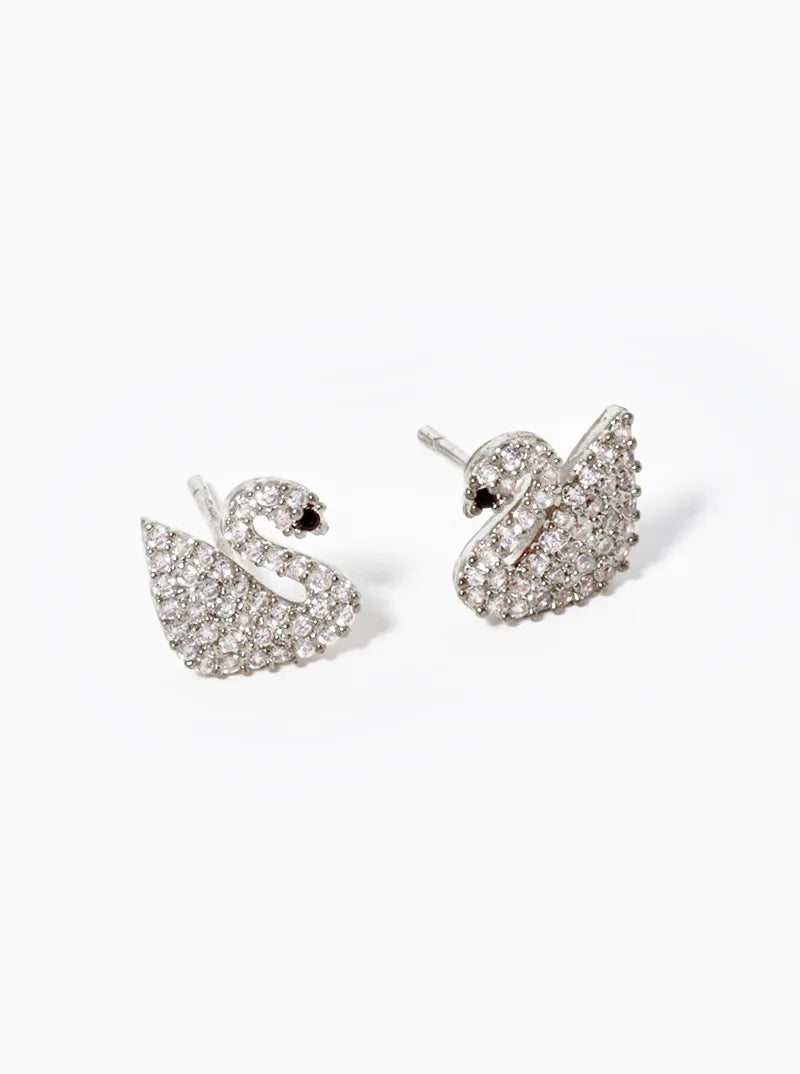 18K-Gold-Dipped CZ Pave Swan Stud Earrings