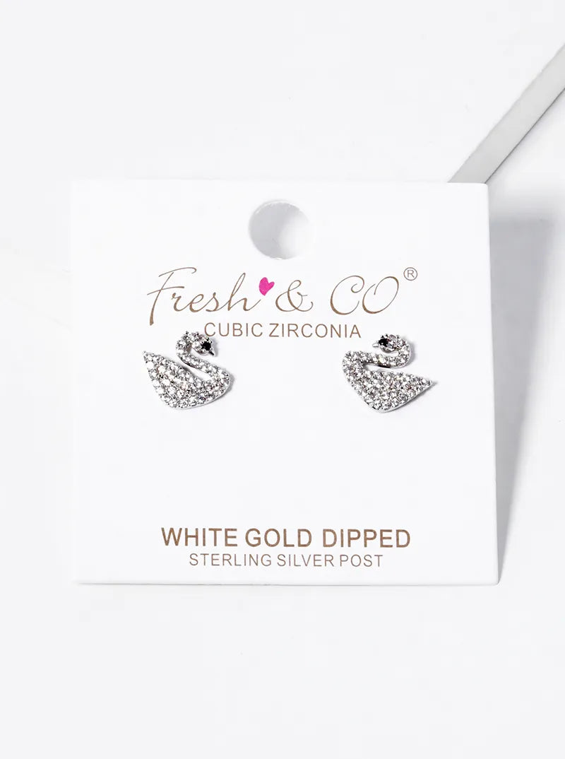 18K-Gold-Dipped CZ Pave Swan Stud Earrings