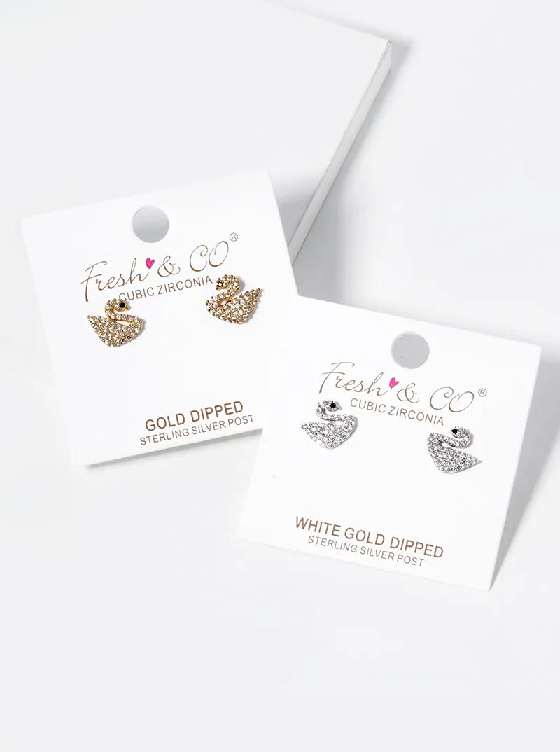 18K-Gold-Dipped CZ Pave Swan Stud Earrings