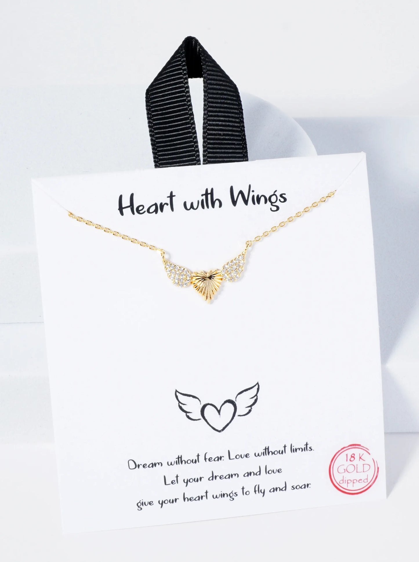 18K Gold Dipped CZ Pave Textured Heart With Wings Pendant Necklace