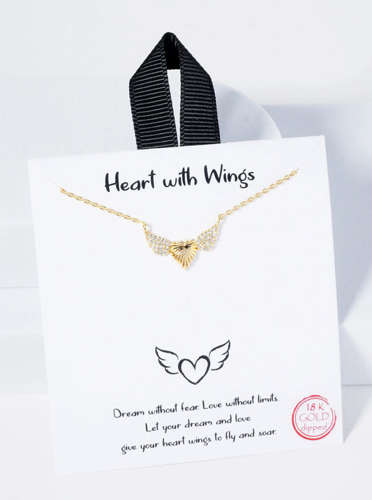 18K Gold Dipped CZ Pave Textured Heart With Wings Pendant Necklace