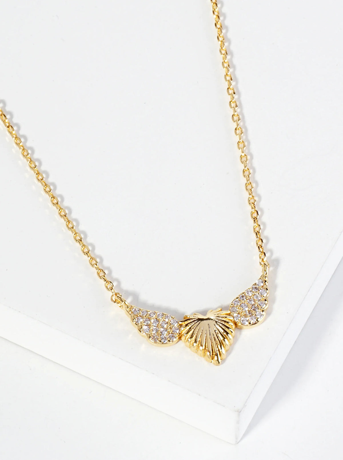 18K Gold Dipped CZ Pave Textured Heart With Wings Pendant Necklace