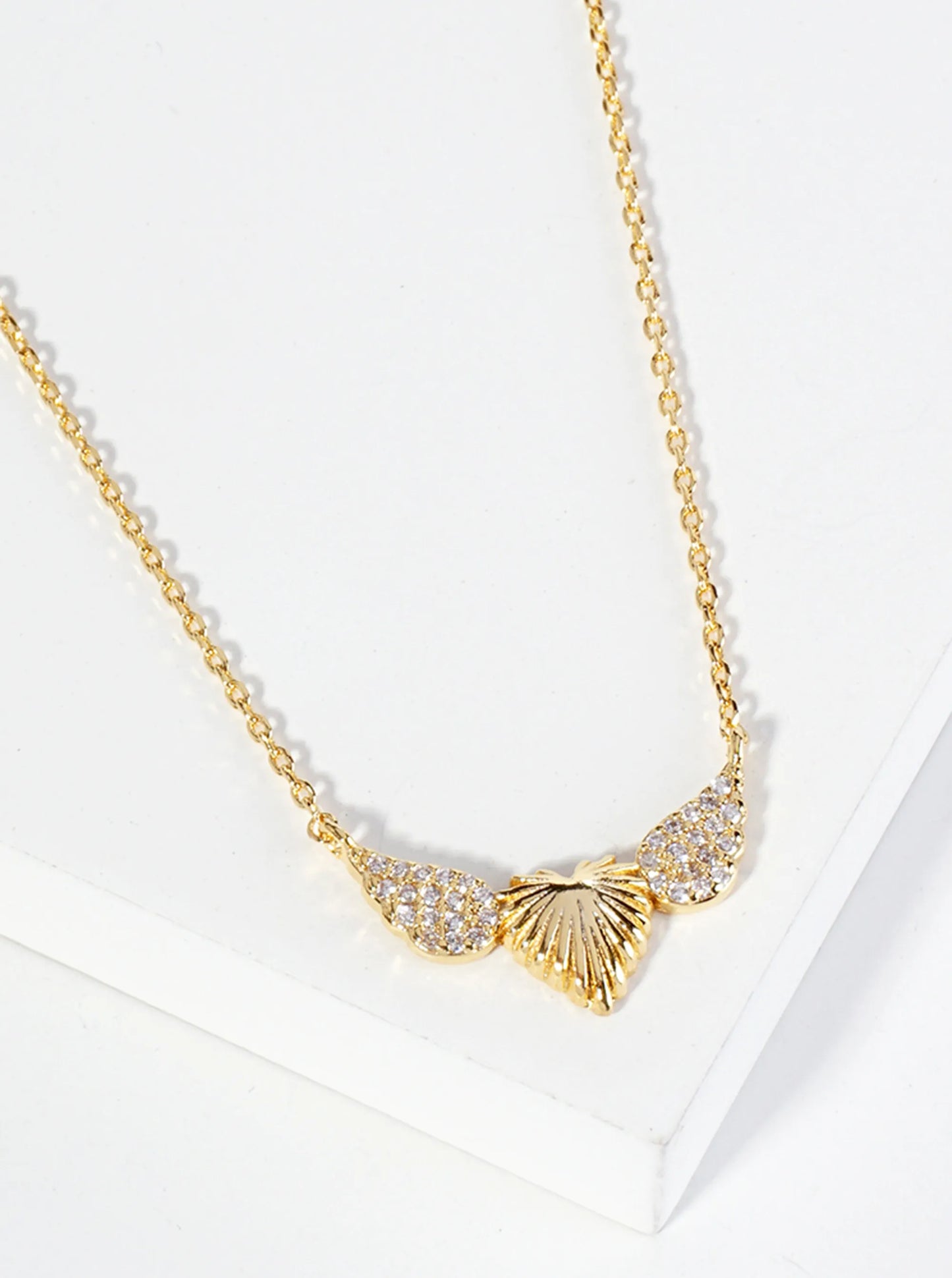 18K Gold Dipped CZ Pave Textured Heart With Wings Pendant Necklace