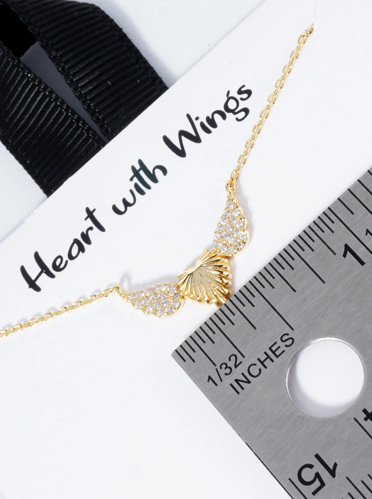 18K Gold Dipped CZ Pave Textured Heart With Wings Pendant Necklace