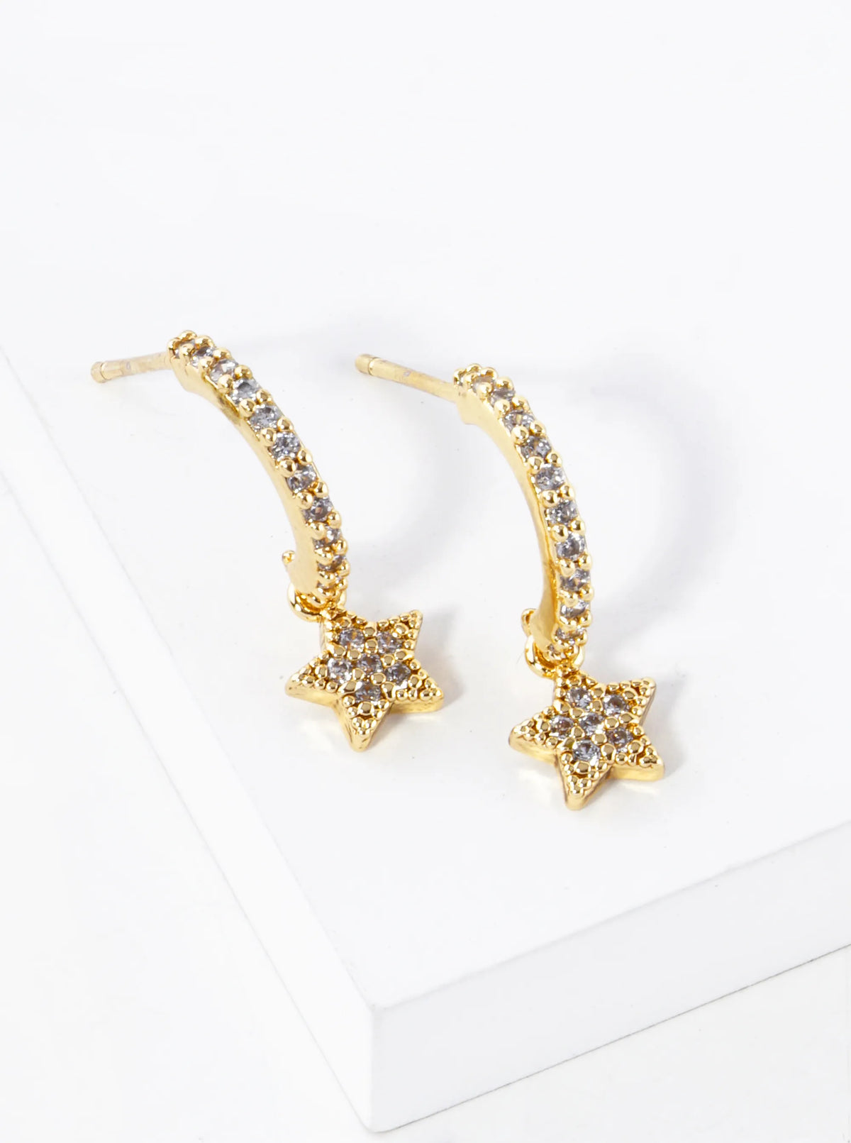 18K Gold Dipped CZ Pave Tiny Star Drop 12mm Open Huggie Hoop Earrings