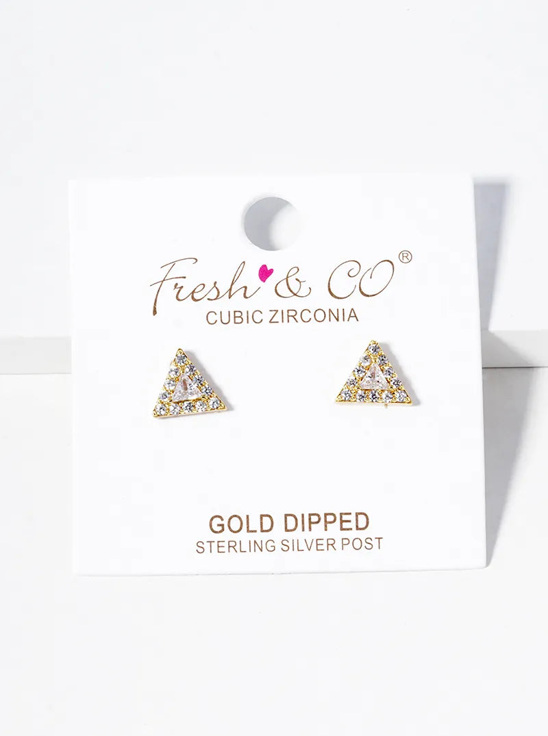 18K-Gold-Dipped CZ Pave Triangle Post Stud Earrings