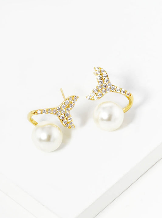 18K-Gold-Dipped CZ Pave Whale Tail With 10mm Pearl Stud Earrings