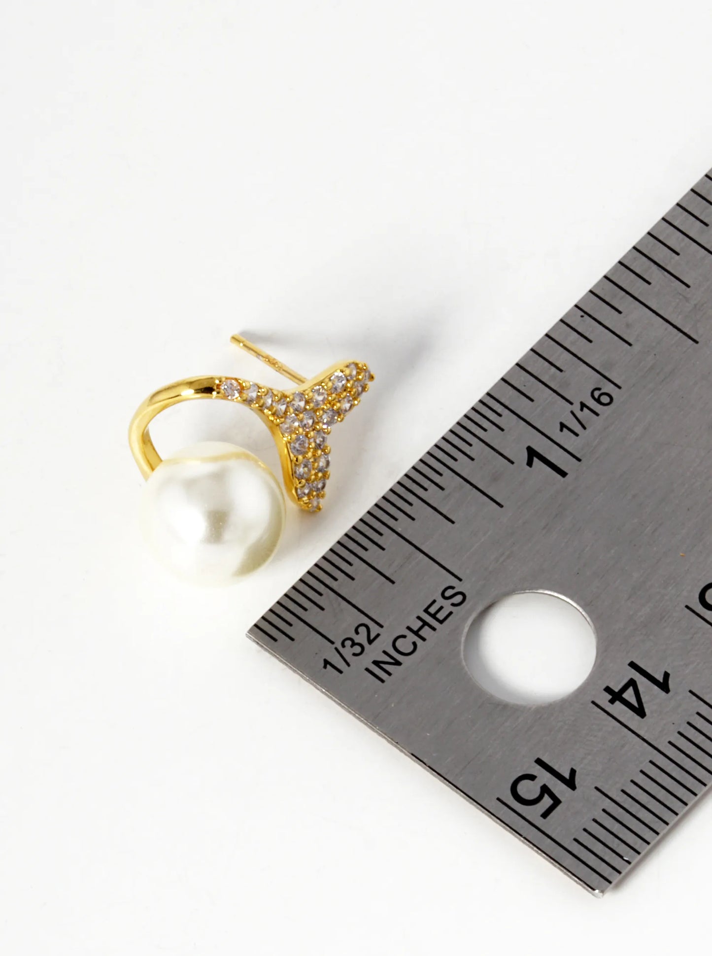 18K-Gold-Dipped CZ Pave Whale Tail With 10mm Pearl Stud Earrings