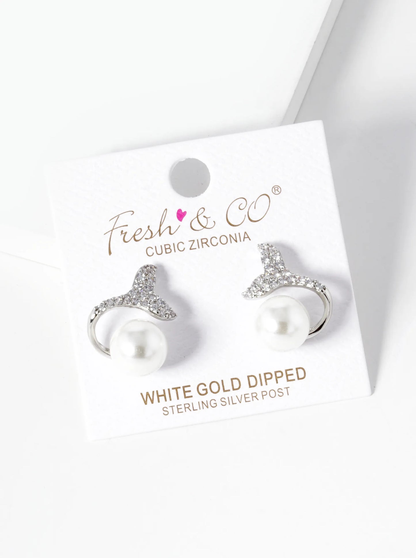 18K-Gold-Dipped CZ Pave Whale Tail With 10mm Pearl Stud Earrings