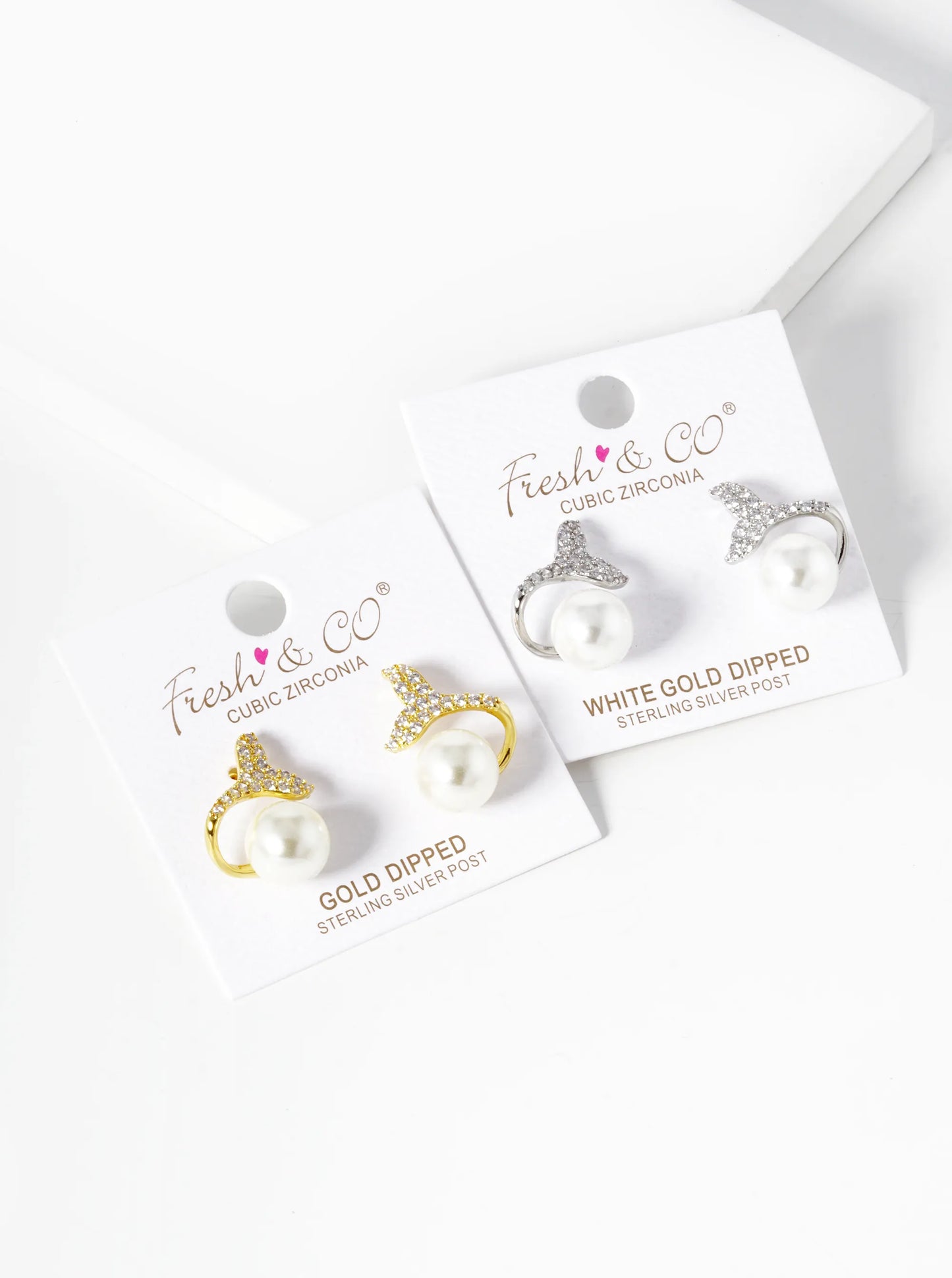 18K-Gold-Dipped CZ Pave Whale Tail With 10mm Pearl Stud Earrings