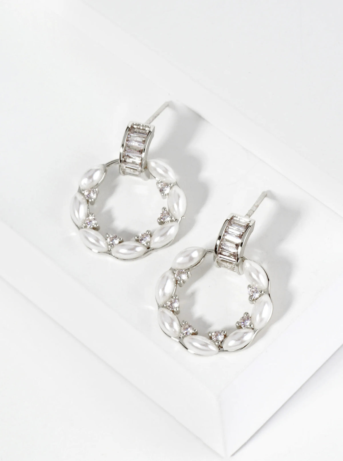 18K Gold Dipped CZ Pearl Beaded Circle Drop Post Earrings