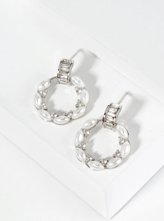 18K Gold Dipped CZ Pearl Beaded Circle Drop Post Earrings