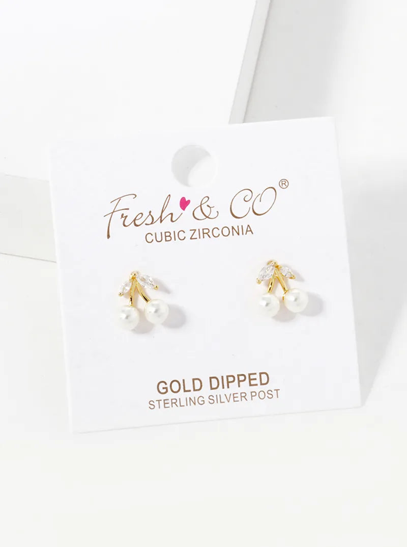 18K Gold Dipped CZ Pearl Dainty Cherry Stud Earrings