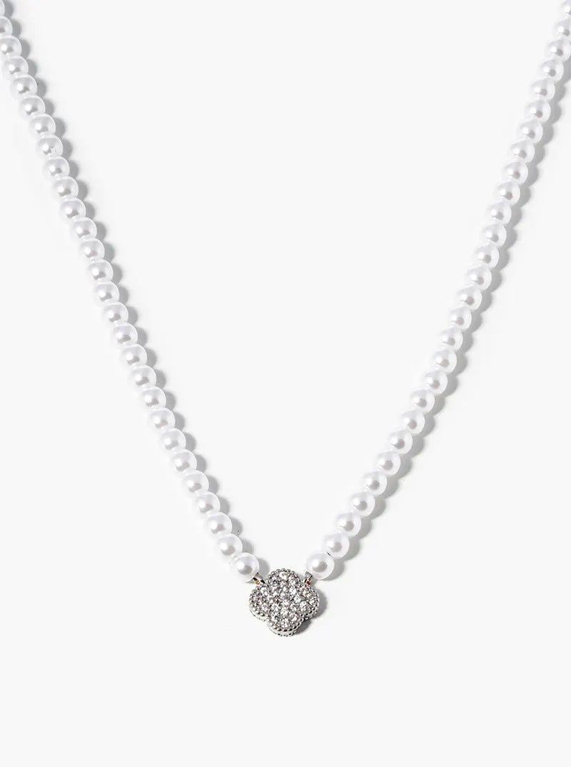 18K Gold Dipped CZ Quatrefoil Pendant Pearl Beaded Chain Necklace