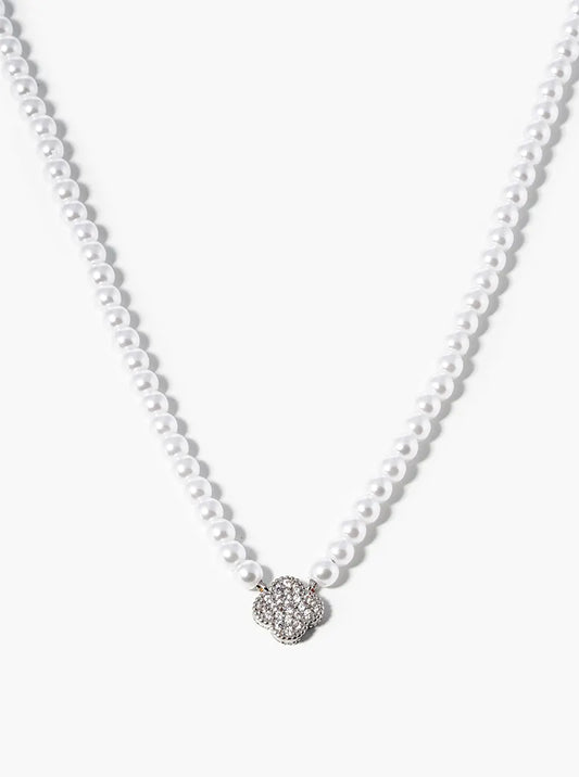 18K Gold Dipped CZ Quatrefoil Pendant Pearl Beaded Chain Necklace