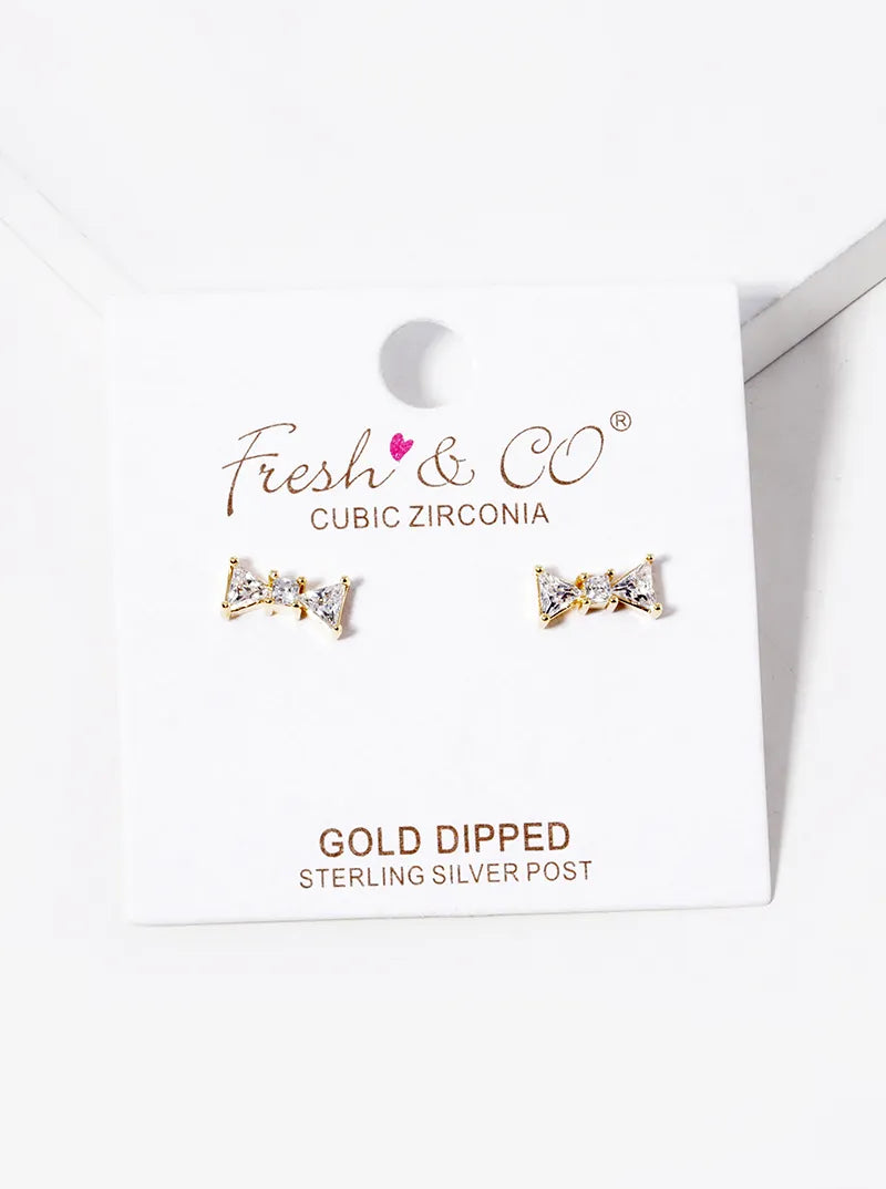 18K Gold Dipped CZ Ribbon Bow Stud Earrings