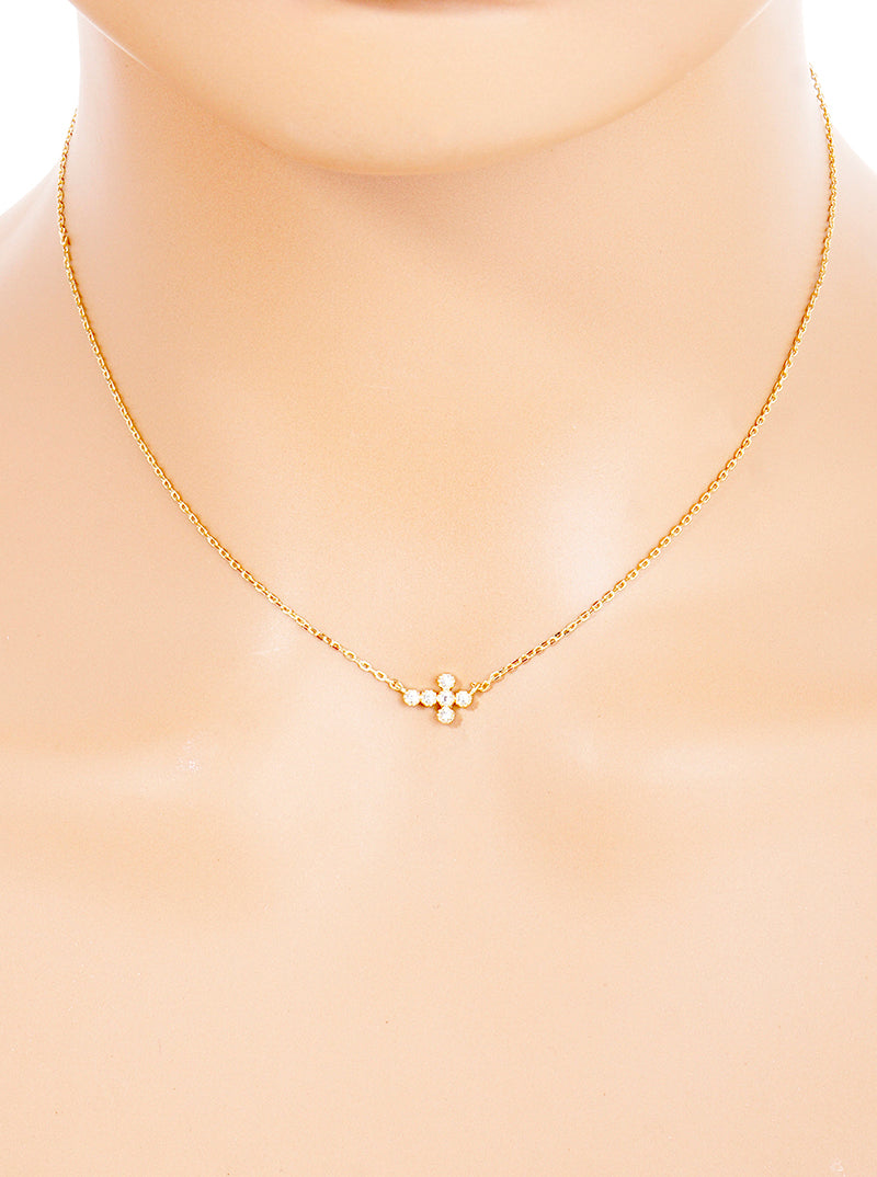 18K Gold Dipped CZ Sideways Dainty Cross Pendant Necklace