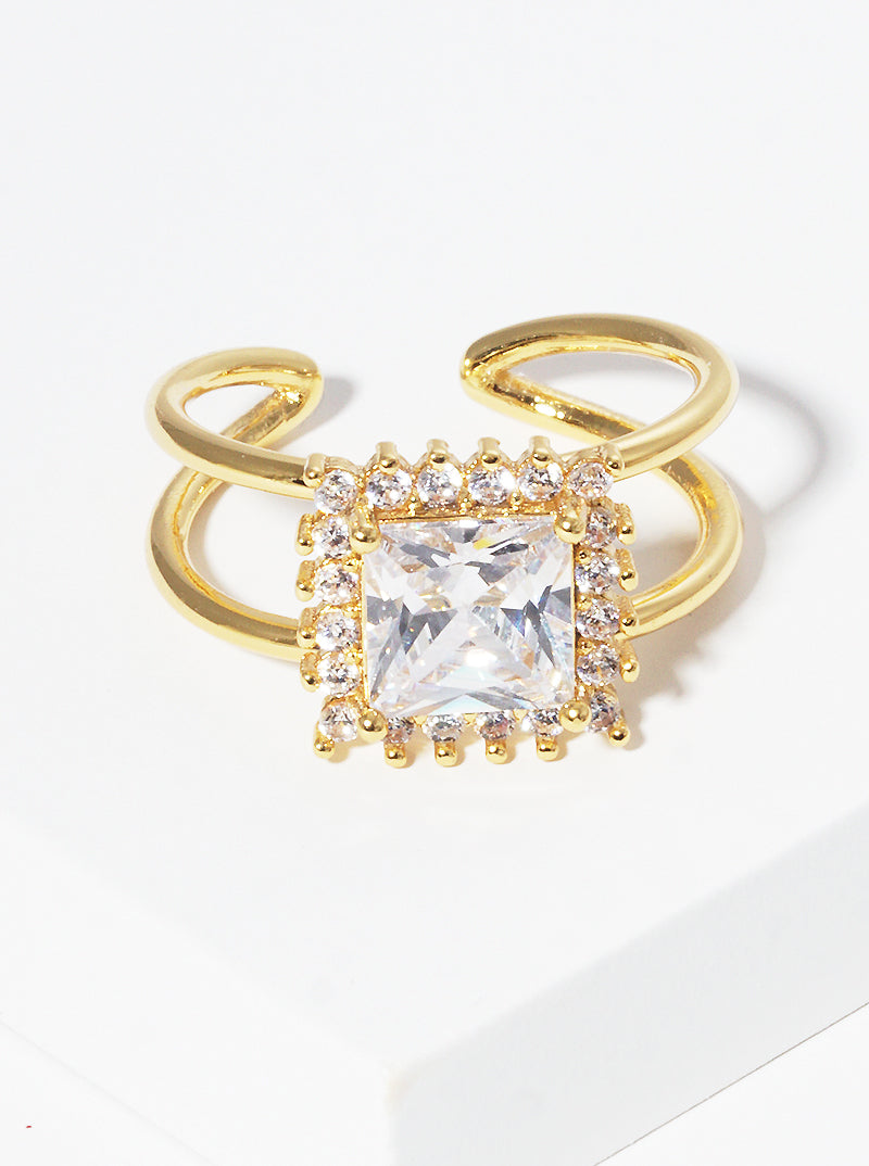 18K Gold Dipped CZ Square Adjustable Cuff Ring