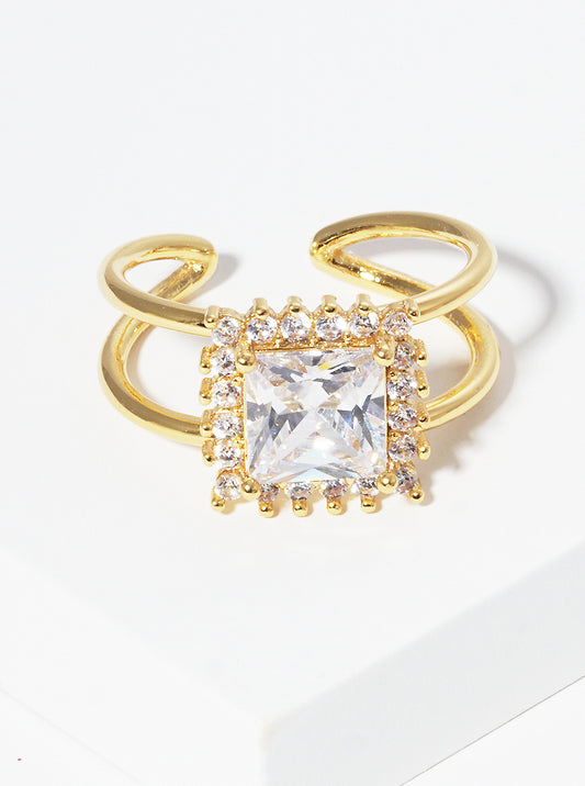 18K Gold Dipped CZ Square Adjustable Cuff Ring