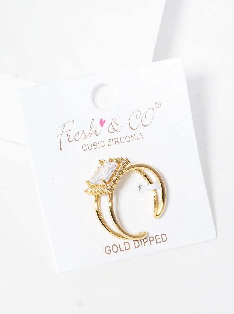 18K Gold Dipped CZ Square Adjustable Cuff Ring