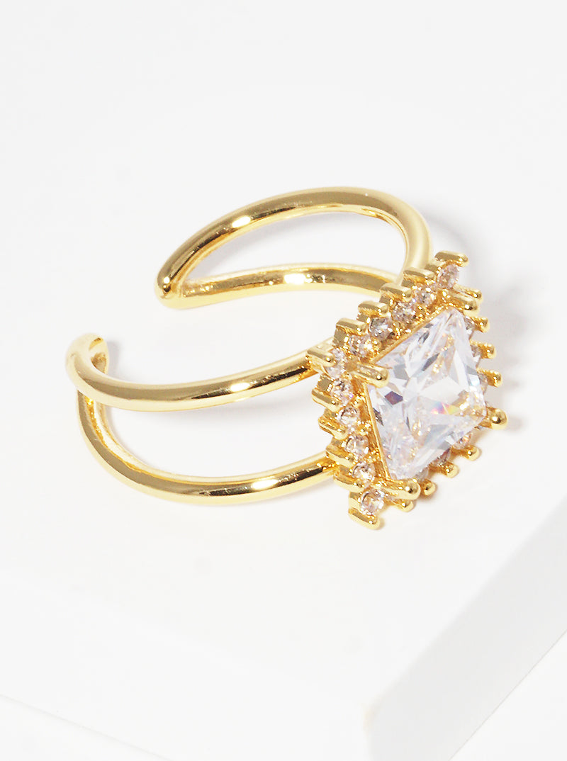 18K Gold Dipped CZ Square Adjustable Cuff Ring