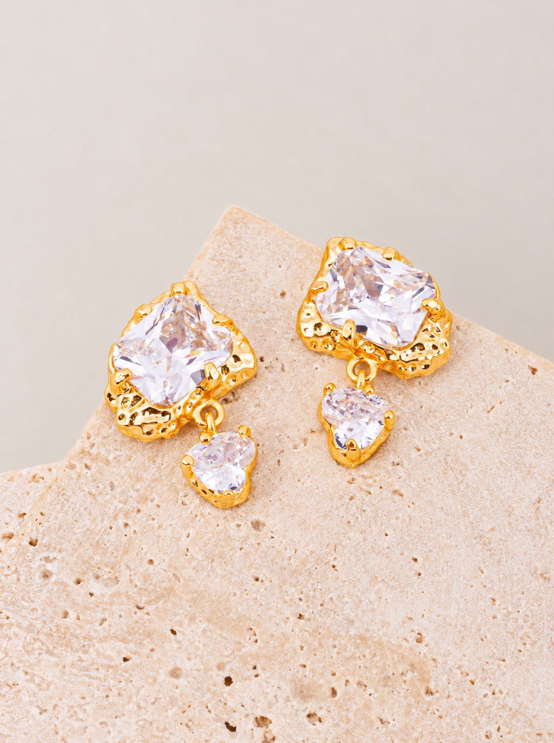 18K Gold Dipped CZ Square Heart Drop Earrings - Gold Crystal