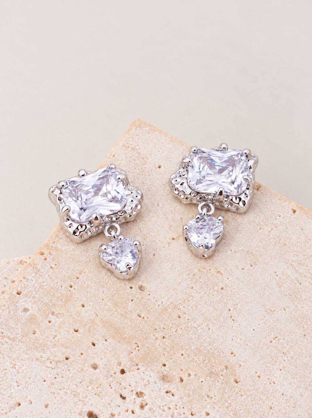 18K Gold Dipped CZ Square Heart Drop Earrings - Rhodium Crystal