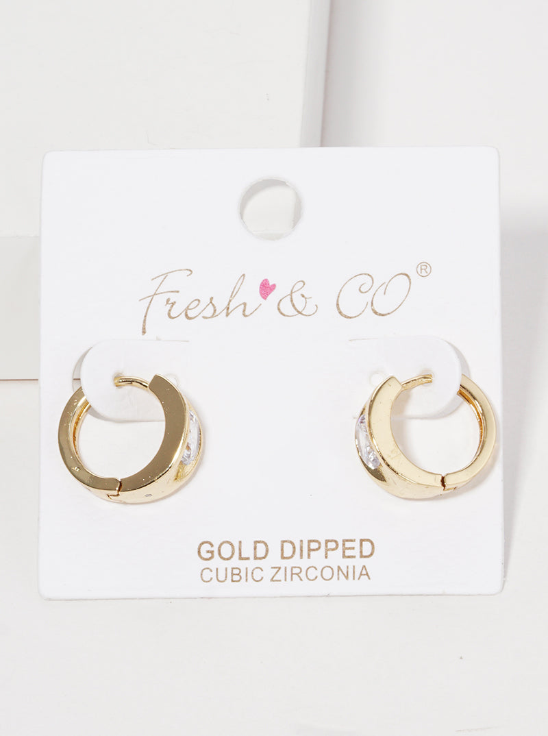18K Gold Dipped CZ Stone Accent 10mm Huggie Hoop Earrings