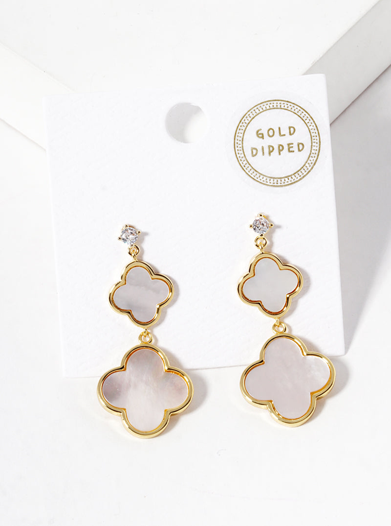 18K Gold Dipped CZ Stone Double Quatrefoil Drop Dangle Post Earrings