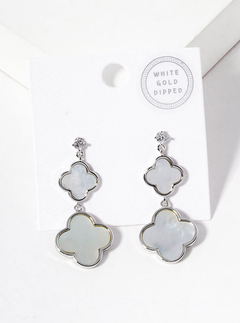 18K Gold Dipped CZ Stone Double Quatrefoil Drop Dangle Post Earrings