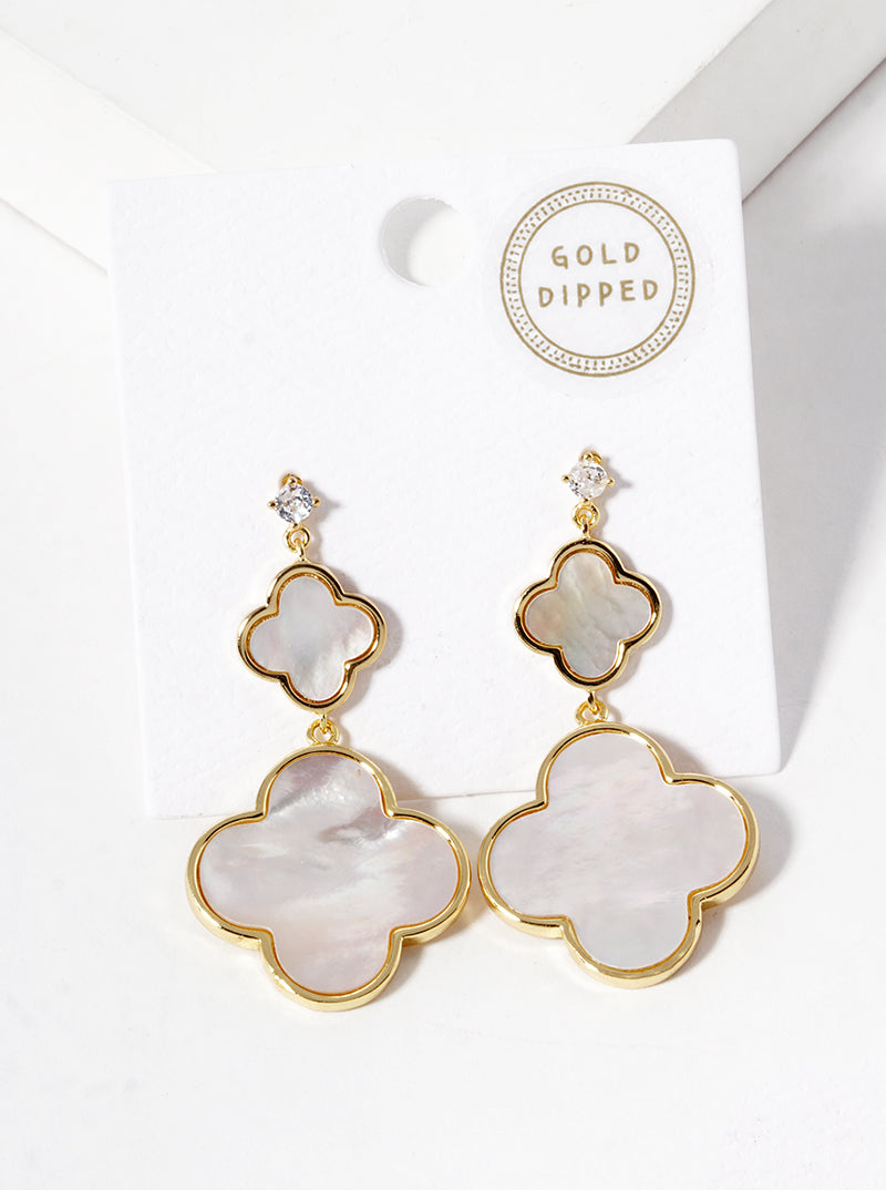 18K Gold Dipped CZ Stone Double Quatrefoil Drop Dangle Post Earrings