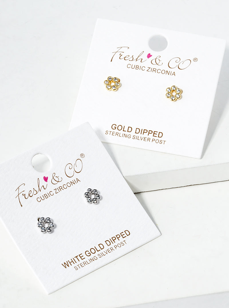 18K Gold Dipped CZ Stone Flower Post Stud Earrings