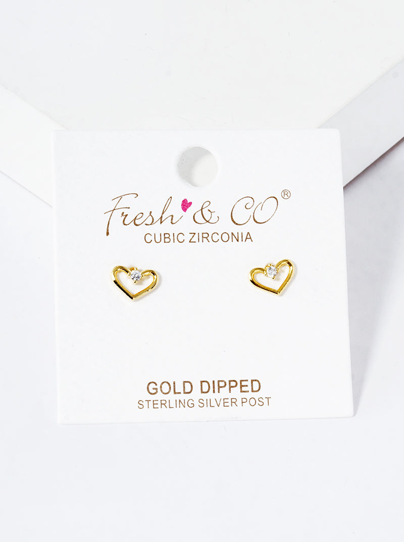 18K Gold Dipped CZ Stone Heart Post Stud Earrings