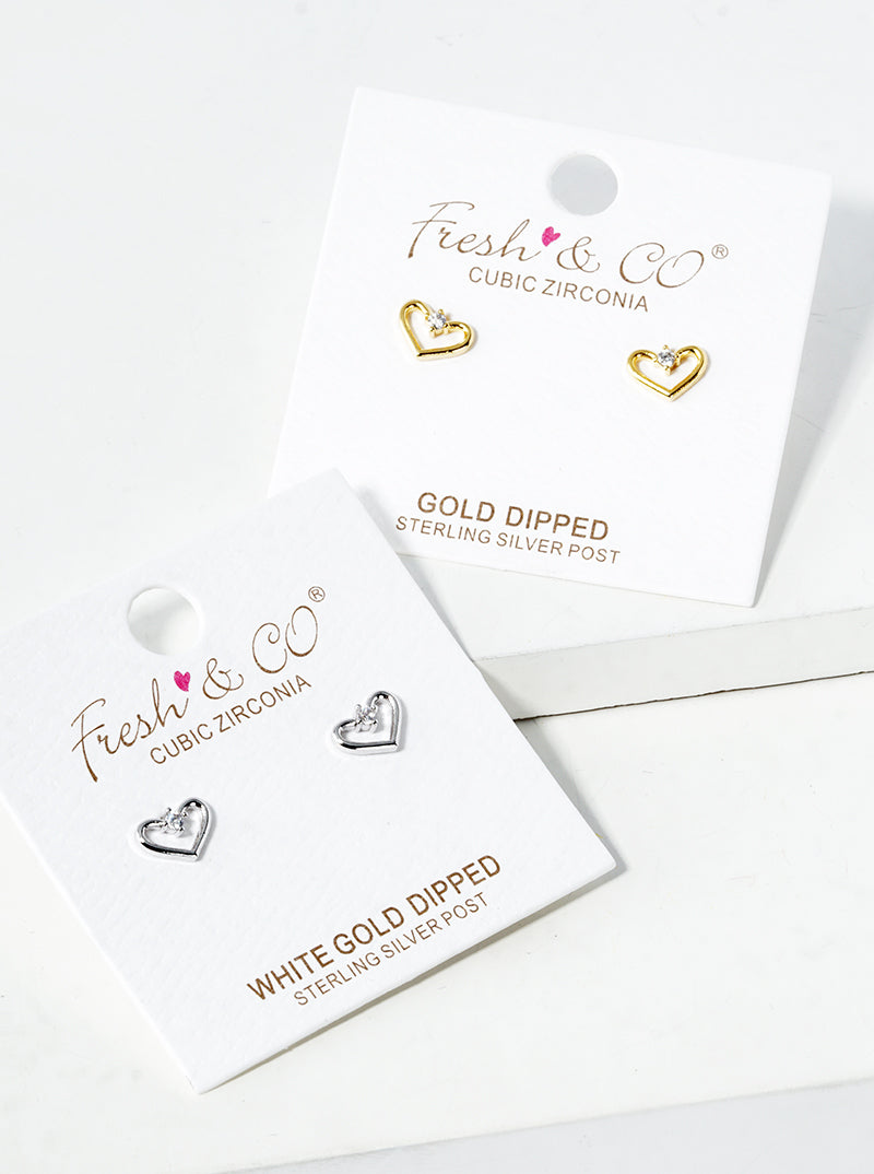18K Gold Dipped CZ Stone Heart Post Stud Earrings