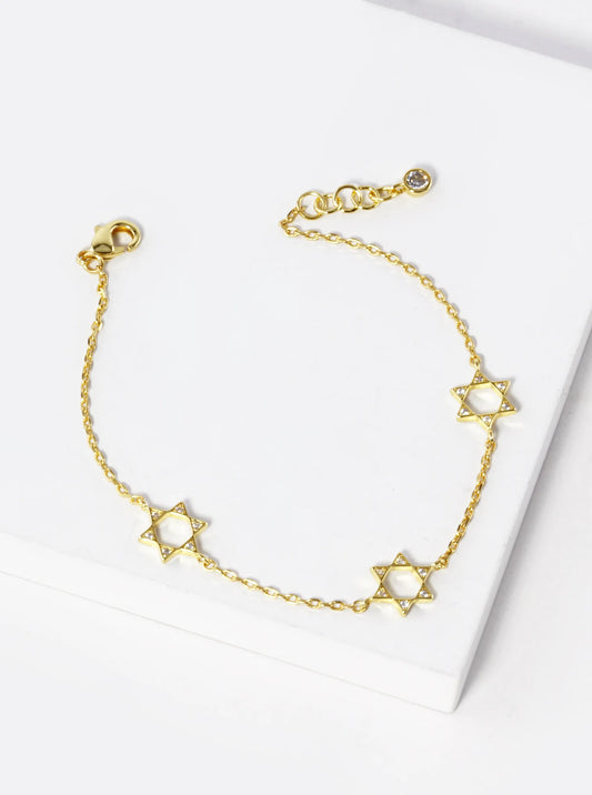 18K-Gold-Dipped CZ Three Star Of David Chain Bracelet