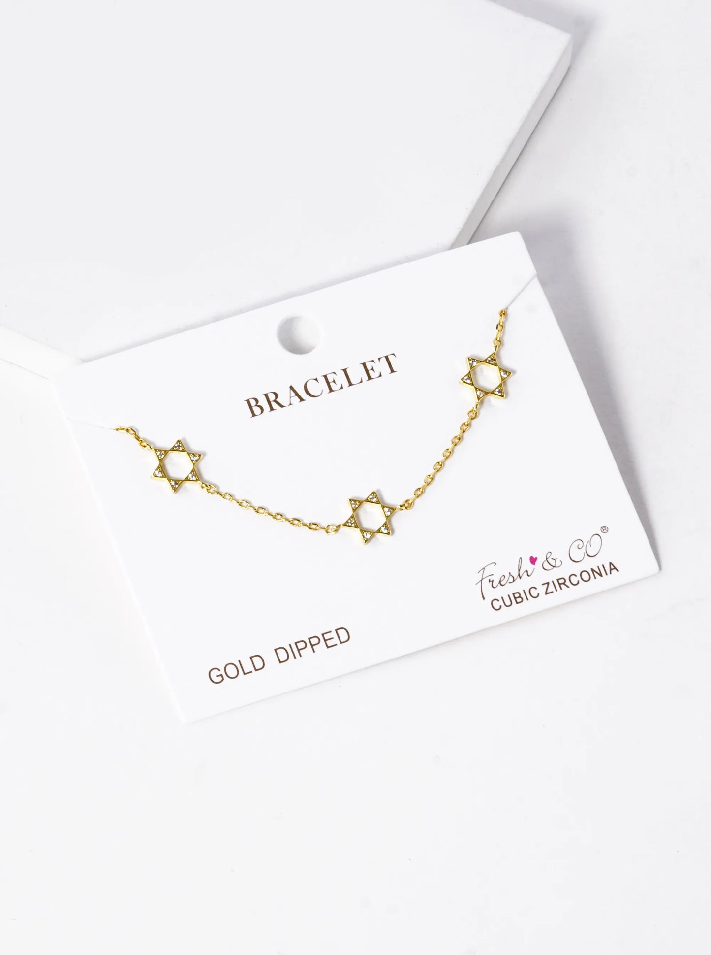 18K-Gold-Dipped CZ Three Star Of David Chain Bracelet