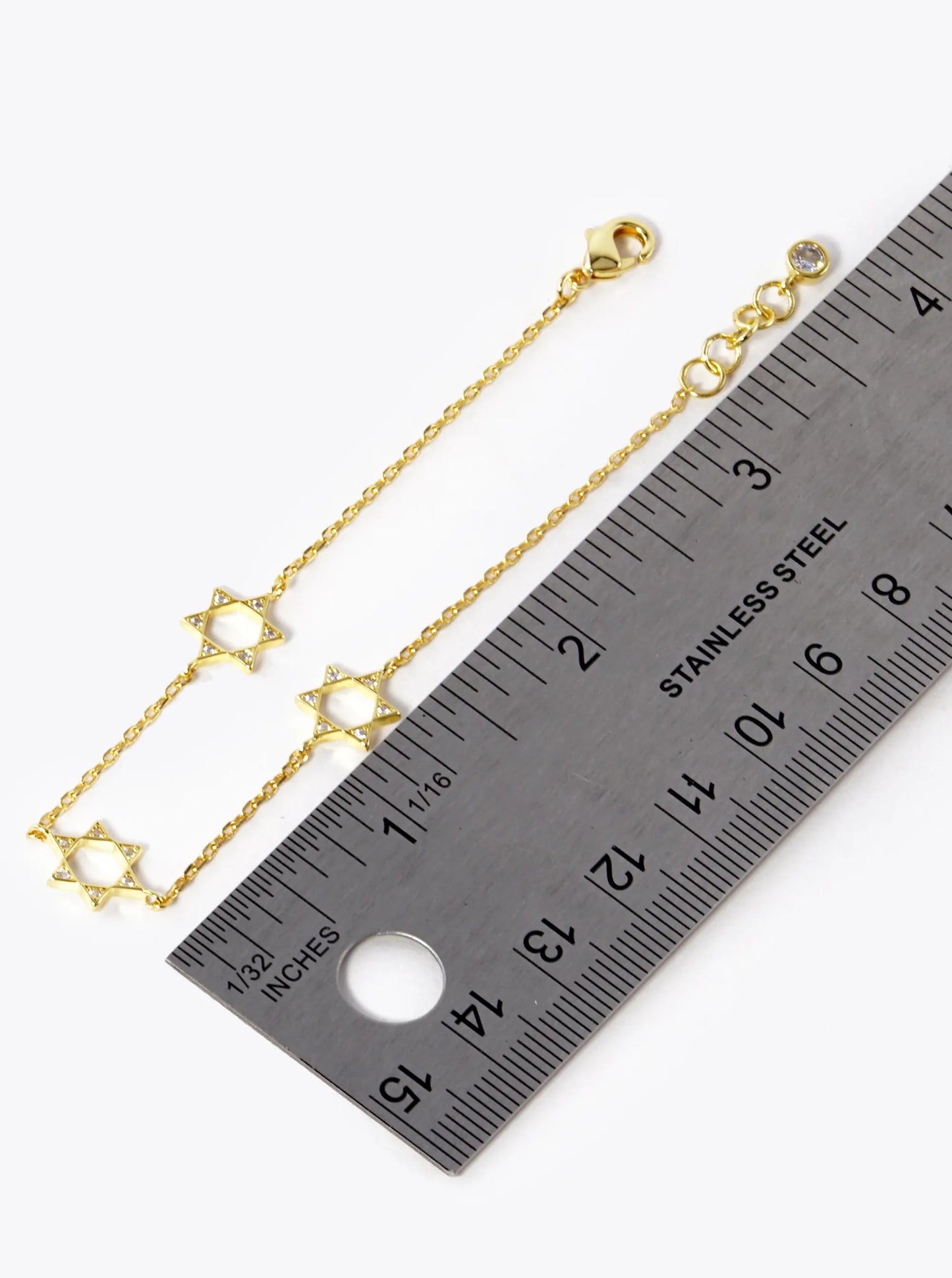 18K-Gold-Dipped CZ Three Star Of David Chain Bracelet