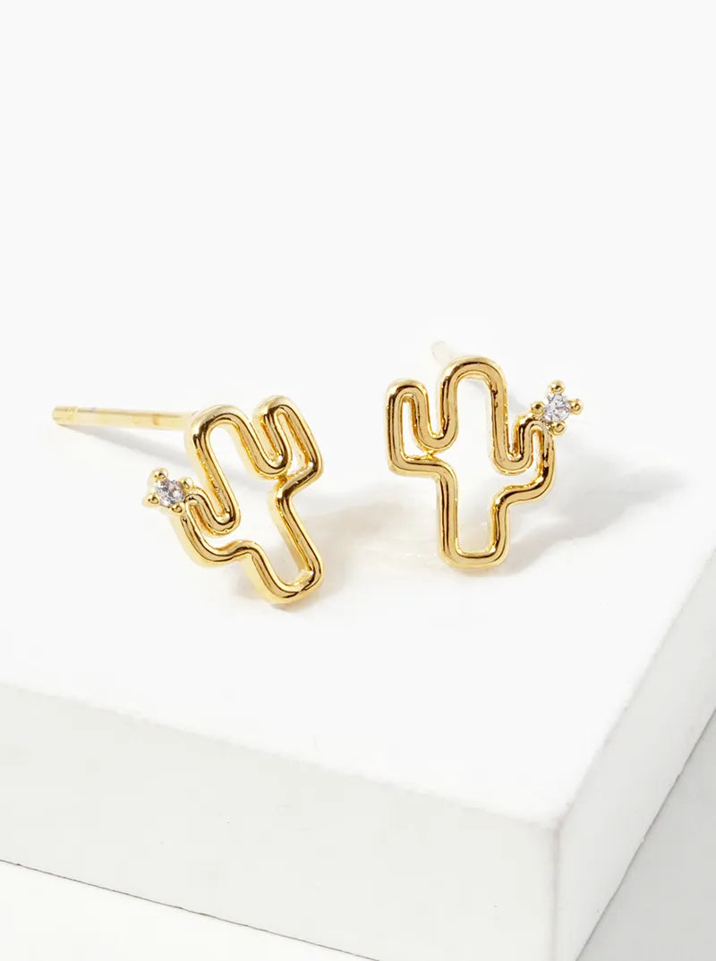 18K Gold Dipped CZ Tiny Cactus Stud Earrings