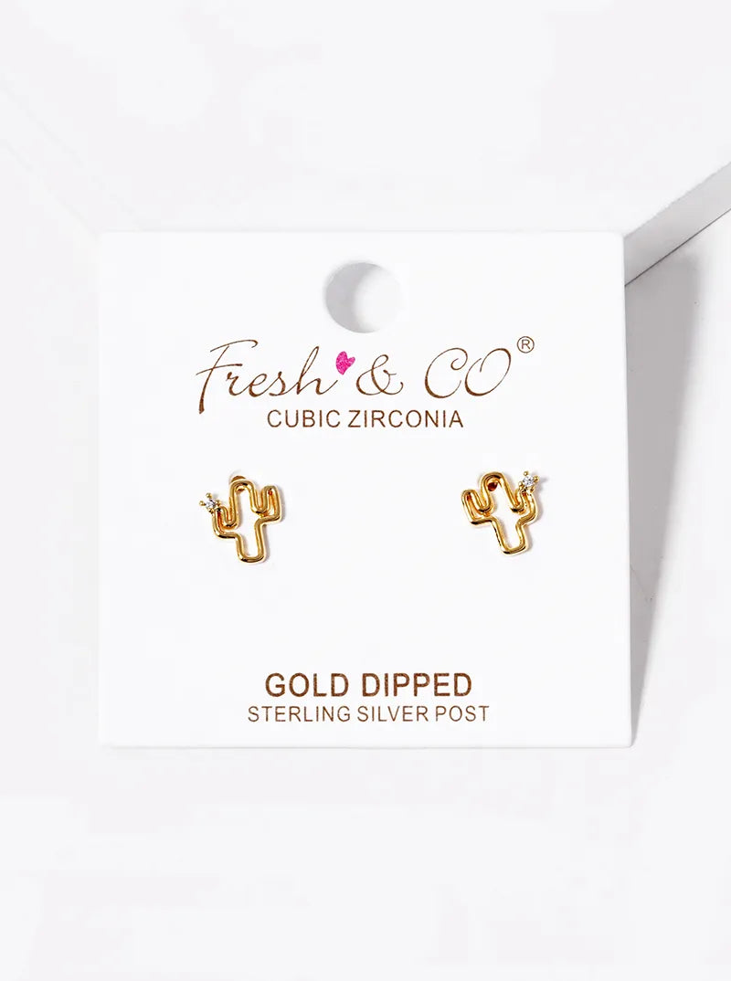18K Gold Dipped CZ Tiny Cactus Stud Earrings