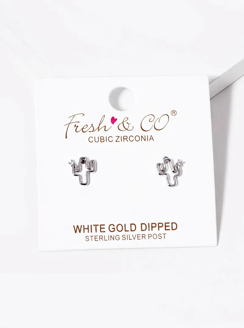 18K Gold Dipped CZ Tiny Cactus Stud Earrings