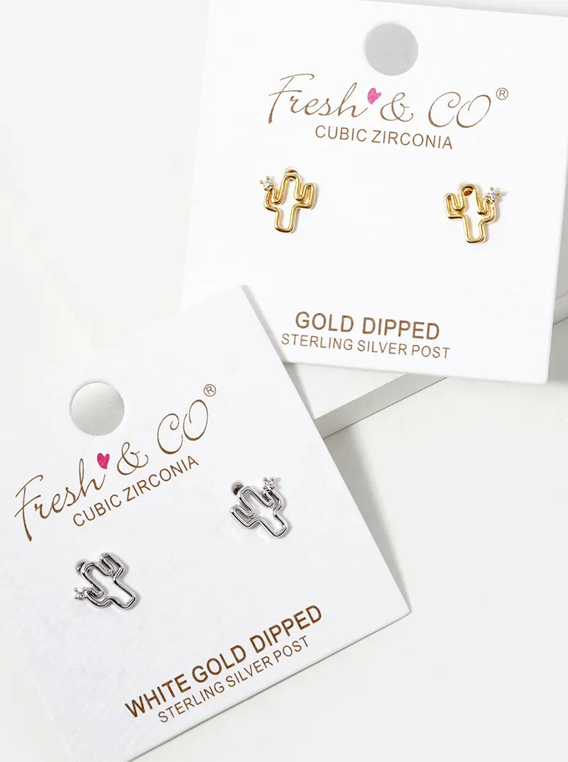 18K Gold Dipped CZ Tiny Cactus Stud Earrings