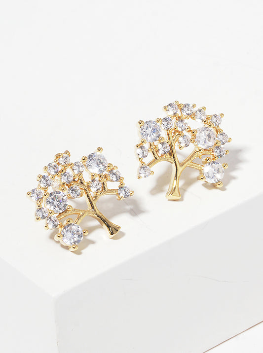 18K Gold Dipped CZ Tree Of Life Stud Earrings