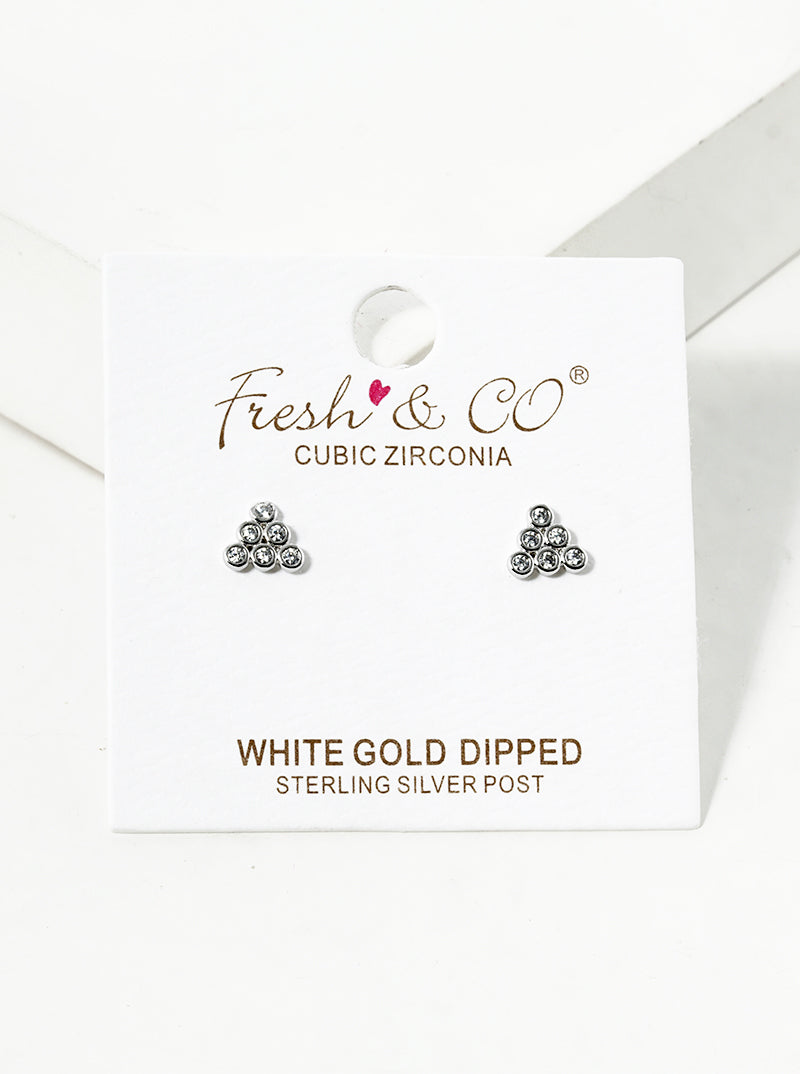 White Gold Dipped CZ Pave Five Flower Post Stud Earrings
